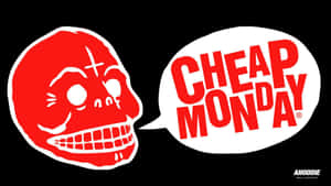 紅色卡通骷髏帶十字架，在黑色背景的白色對話框中說「CHEAP MONDAY」。 — 乾淨 壁紙
