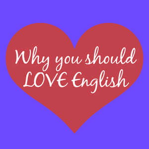 紫色背景上帶有白色文字「Why you should LOVE English」的紅色心形 — 教育 壁紙