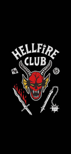 Hellfire Club 標誌，以紅色惡魔頭骨、角和武器為特色，背景為黑色。