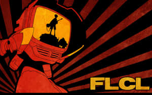 帶有發光面罩的紅色機器人頭盔，顯示男孩剪影和 FLCL 標誌。 — Steam Deck OLED 壁紙