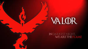紅色鳳凰標誌，帶有文字VALOR和In Darkest Night We Are The Flame。 — 寶可夢 剑 盾 壁紙