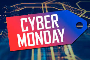 Cyber Monday 促銷標籤在發光電路板背景上 — 抽象 壁紙