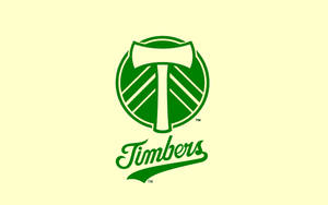 淡黃色背景上帶有斧頭和字母T的綠色Timber運動隊標誌。 — 運動 壁紙