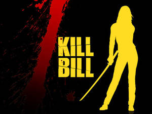 一個女人拿著劍的黃色剪影，背景為黑色和紅色，帶有「Kill Bill」文字。 — 追殺比爾 壁紙