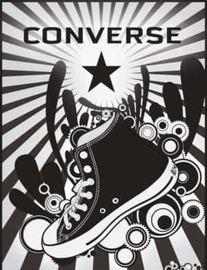 Converse運動鞋被齒輪和機械零件環繞，背景是太陽爆發圖案。 — Converse 標誌 壁紙