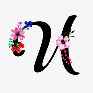風格化的字母U，裝飾著色彩繽紛的水彩花朵和漿果。 — 字母e 壁紙