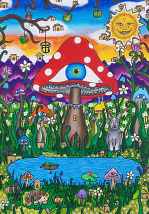 一個充滿活力的幻想場景，有巨大的眼睛蘑菇屋、微笑的太陽和森林動物。 — iPad Air 壁紙