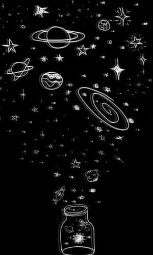 一個裝滿星星和行星的罐子，在黑色背景的太空中漂浮。 — 太空 壁紙