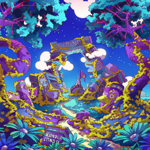 一個充滿活力的幻想場景，有紫色的樹木、發光的花朵和一個在星空下破舊的拱門。 — 詭異 壁紙