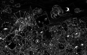 一個微笑的方塊生物，在奇幻的黑白風景中，伴隨著星星和雲朵。 — MacBook Pro 壁紙