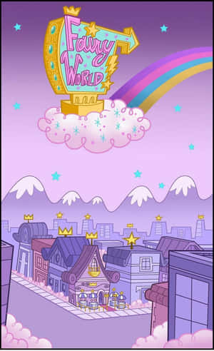 紫色天空下，帶有彩虹和城堡的Fairy World卡通小鎮。 — 仙女美學 壁紙