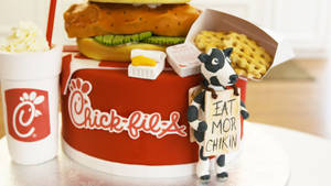 一個裝飾著拿著寫著eat mor chikin牌子的牛的Chick-fil-A蛋糕。 — 甜點 壁紙