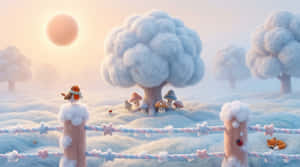 一個雪地奇幻場景，有雲樹、籬笆上的知更鳥，以及粉彩天空下沉睡的狐狸。 — 極高畫質 壁紙