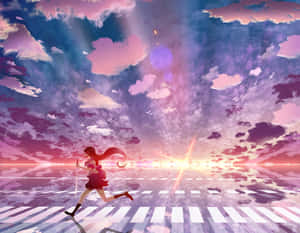 女孩在充滿活力的日落天空下跑過發光的人行橫道。 — 美學雲朵 壁紙