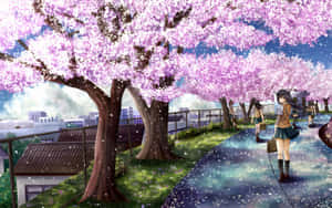 動漫女孩在城市公園中，走過花瓣飄落的櫻花樹下。 — 樹木 壁紙