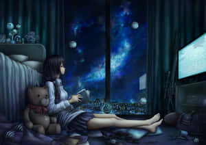 女孩在床上抱著泰迪熊在星空下閱讀。 — 看書 GIF 壁紙