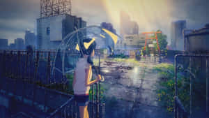 女孩拿著透明雨傘站在下雨屋頂俯瞰有神社的城市 — 天氣之子 壁紙