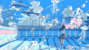 泳池中的女孩，海豚和水母漂浮在天空 — 動漫 壁紙
