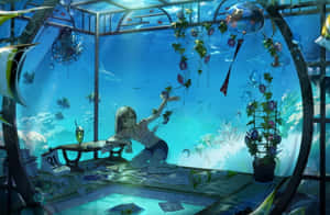 水下穹頂中的女孩伸手觸摸漂浮的植物，魚兒在周圍游動。 — 水族箱 壁紙
