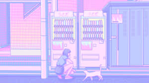 女孩和貓在寧靜的城市小巷中靠近發光的自動販賣機。 — 粉紅色美學桌面 壁紙