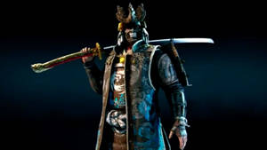 穿著精細藍色盔甲的武士在黑暗環境中手持武士刀。 — 榮耀戰魂 壁紙