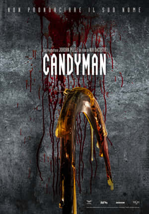 一個血淋淋的金色鉤子滴在深灰色牆上，牆上有電影標題Candyman。 — iPad 第10代 壁紙