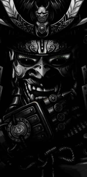 一個身穿黑色盔甲、戴著骷髏面具、眼睛發光的武士凝視著。 — 混沌武士 壁紙