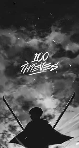 動漫戰士剪影在暴風雨天空下握著交叉的劍，並有 100 THIEVES 文字。 — 進擊的巨人 角色 壁紙