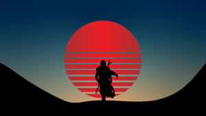 戰士剪影映襯著山脊上紅色條紋的日落。 — 曼達洛人 壁紙