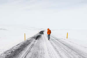 一個穿著橙色外套的人獨自走在廣闊冬季景觀中的雪路上。 — 冰島 壁紙
