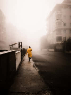 穿著黃色雨衣的人獨自走在霧氣瀰漫的市區街道上。 — 洛杉磯日落 壁紙