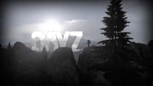 一個孤獨的身影站在岩石地形上，DAYZ 標誌在他們身後發光。 — 電玩遊戲 GIF 壁紙