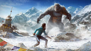 一個男人在有經幡的雪山景觀中逃離一個巨大的雪人雪怪（Yeti）。 — 極地戰嚎 4 壁紙