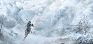 一個人在有松樹的雪山風暴中奔跑。 — 古墓奇兵：崛起 壁紙