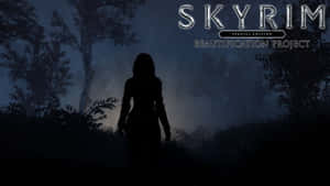 一個人的剪影，站在暮色中霧氣瀰漫的森林裡，帶有 Skyrim 標誌。 — 上古卷軸V：無界天際 壁紙