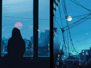 一個人的剪影從窗戶望向城市，在粉紅色的太陽和星空下。 — 4:3 壁紙