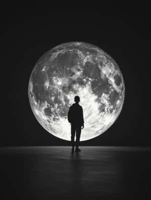 一個人以剪影形式站在黑暗的房間裡，面向一個巨大而細節豐富的月亮。 — 月光 壁紙