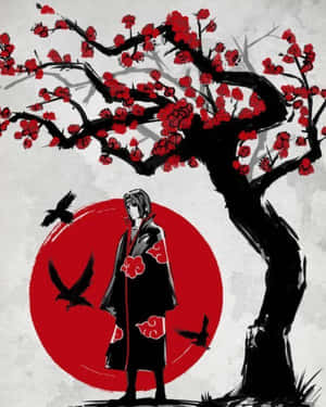 動漫角色在櫻花樹下，背景有紅太陽和烏鴉 — Apple Watch Ultra 壁紙