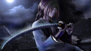 動漫戰士在暴風雨夜晚的場景中，在滿月下手持發光的劍。 — 混沌武士 壁紙