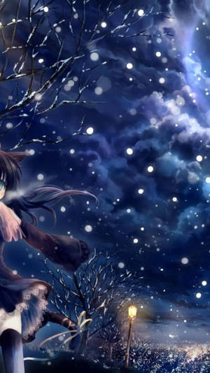 冬夜中，雪花飄落，路燈發光的動漫女孩。 — 星星 壁紙