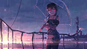 紅眼動漫女孩在雨夜城市中撐傘。 — 可愛動漫女孩 壁紙