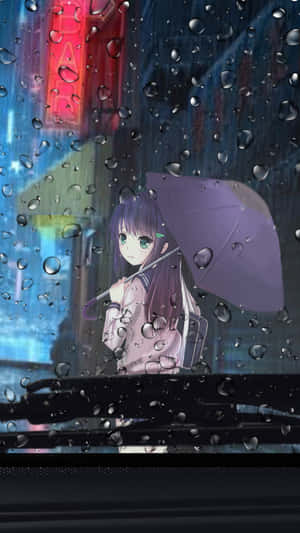 動漫女孩在雨夜霓虹城市中拿著紫色雨傘，透過濕漉漉的車窗觀看。 — 動漫風景美圖 壁紙