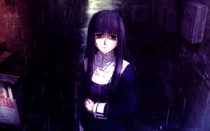 動漫女孩夜晚站在下雨的小巷中，在一盞燈下。 — 紫色動漫美學 壁紙