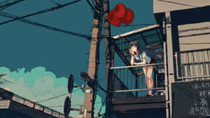 動漫女孩在陽台上，在城市環境中拿著紅色氣球，背景是藍綠色天空。 — 動畫女孩 壁紙