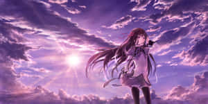 長黑髮的動漫女孩站在紫色日落天空和陽光中。 — 魔法少女小圓 壁紙