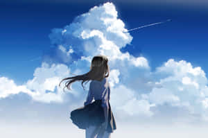 長髮動漫女孩站在明亮的藍天下，有雲和飛機尾跡。 — 動畫風景動圖 壁紙