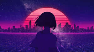動漫女孩看著發光城市天際線上的粉紅色夕陽 — 可愛動漫女孩 壁紙