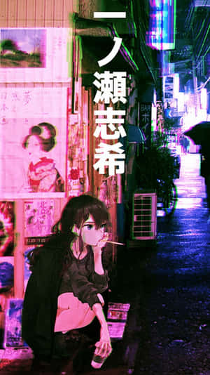動漫女孩在霓虹燈照亮的小巷中抽煙，背景有日本海報和發光的招牌。 — 日式審美桌面 壁紙