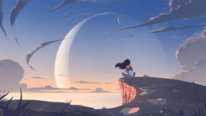 動漫女孩坐在懸崖邊，在黃昏時看著海面上的新月和雲彩。 — 獨自一人 壁紙