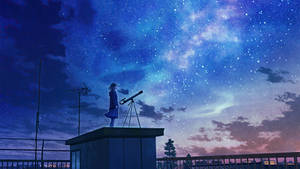 動漫女孩在屋頂上用望遠鏡觀看星空 — 星星 壁紙